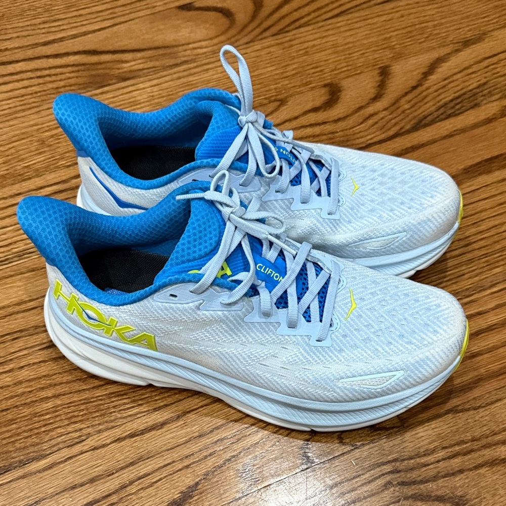 Hoka Clifton 9 White and Blue Athletic Sneakers